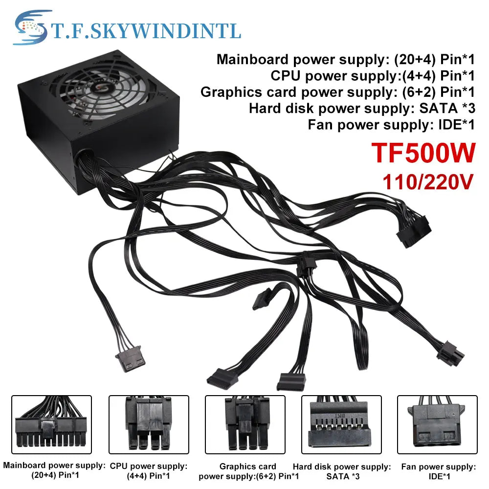 T.F.SKYWINDIN 500W PC PSU Power Supply unit Gaming Quiet 120mm rgb Fan 24pin 12V ATX Desktop computer Power Supply for BTC