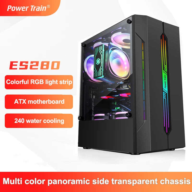 Power Train ES280 Desktop Computer Case RGB Colorful Light Bar ATX Motherboard Competitive Game Chassis For 240 Water-Cooler