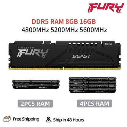 Kingston Fury Beast DDR5 8GB 16GB 4800 5200 5600MHz Desktop Memory 288Pin 1.1V DIMM PC5-34800 41600 44800 DDR5 RAM