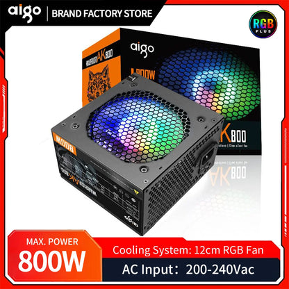 Aigo AK 800W PC PSU Power Supply Unit Black Gaming Quiet RGB 120mm Fan 220V ATX Desktop Computer Power Supply For BTC Pc gamer