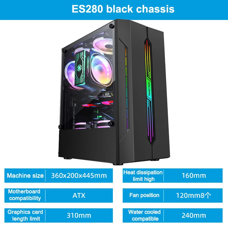 Power Train ES280 Desktop Computer Case RGB Colorful Light Bar ATX Motherboard Competitive Game Chassis For 240 Water-Cooler