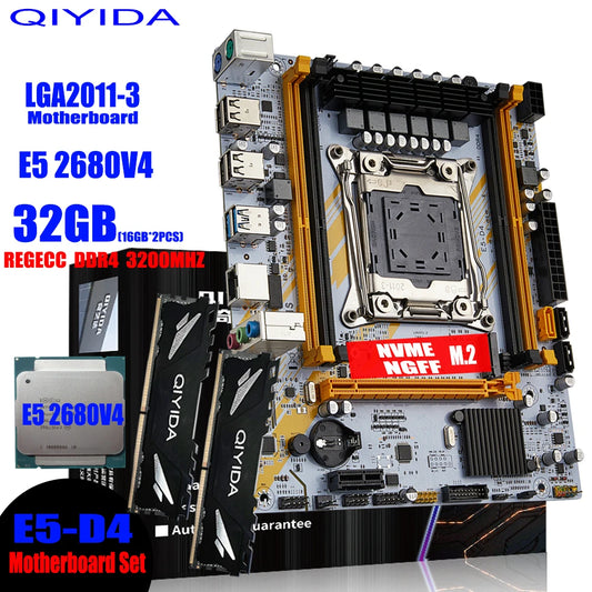 QIYIDA X99 Motherboard LGA 2011-3 Set Kit Xeon E5 2680 V4 CPU Processor 32G=2*16G DDR4 REG ECC RAM Memory NAME M.2