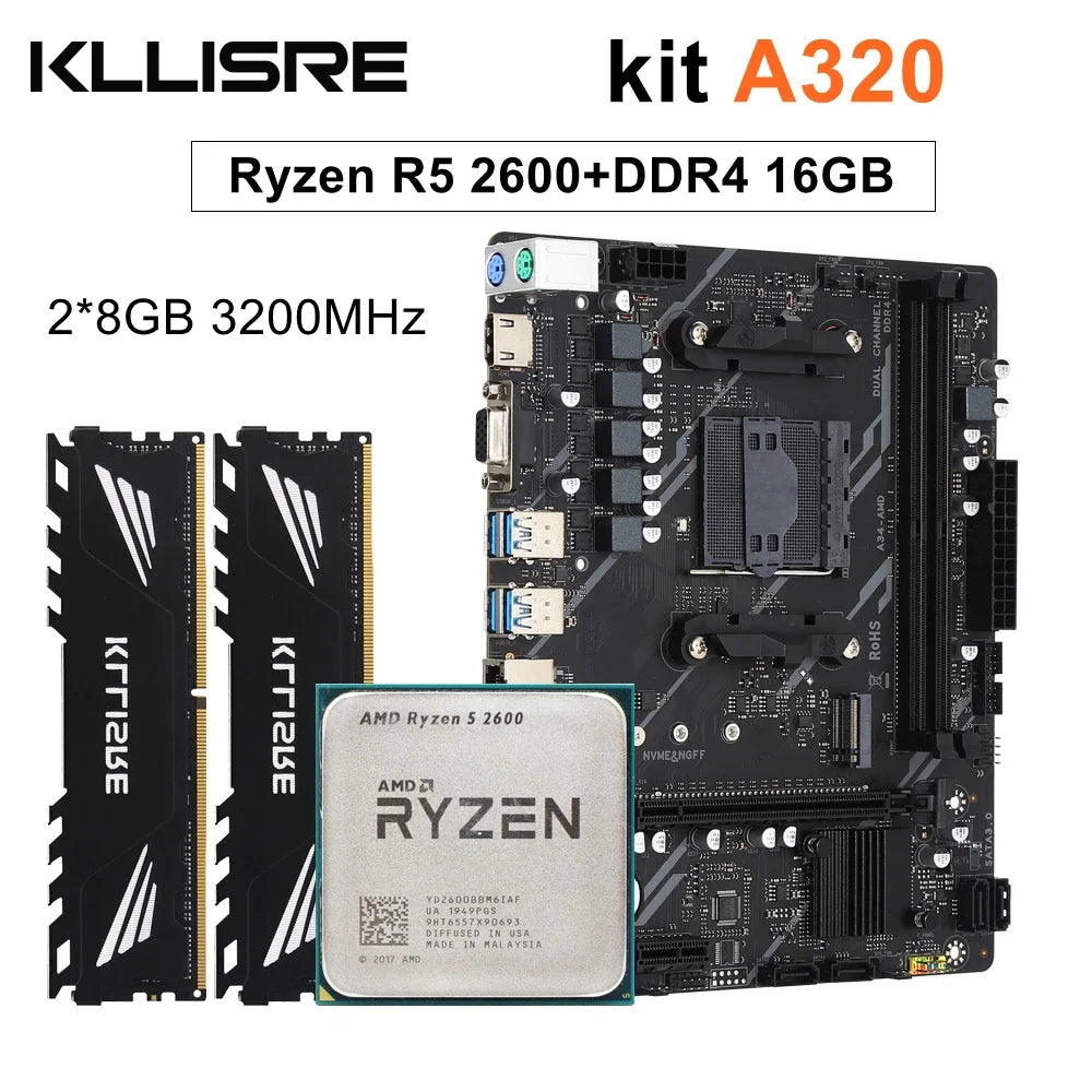 Kllisre A320 kit AMD Ryzen R5 2600 cpu DDR4 16GB 3200MHz memory a320m motherboard